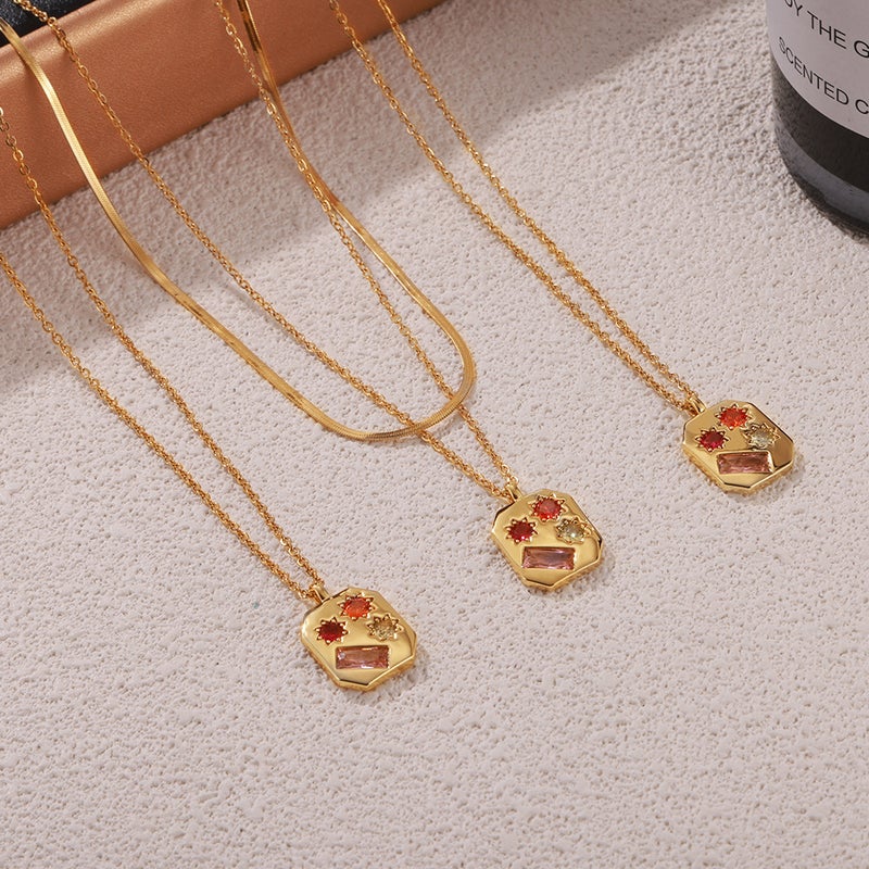 Ins French Retro Artistic Elegant Color Zircon Pendant Women'S Octagonal Titanium Steel Plated 18K Gold Necklace Jewelry - Image 3